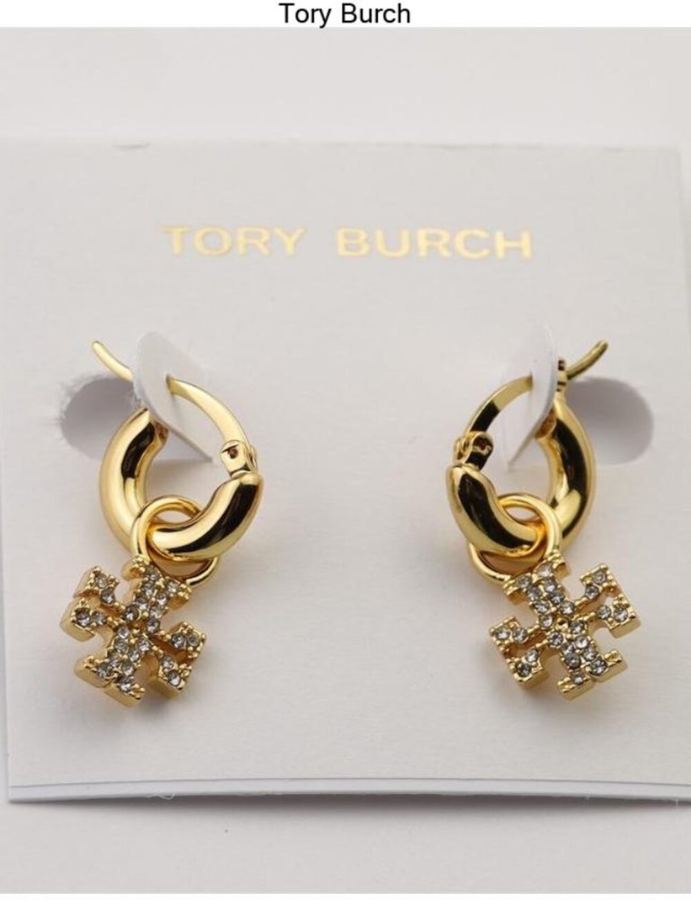 Tory Burch Gold Crystal Logo Drop Hoop Earrings